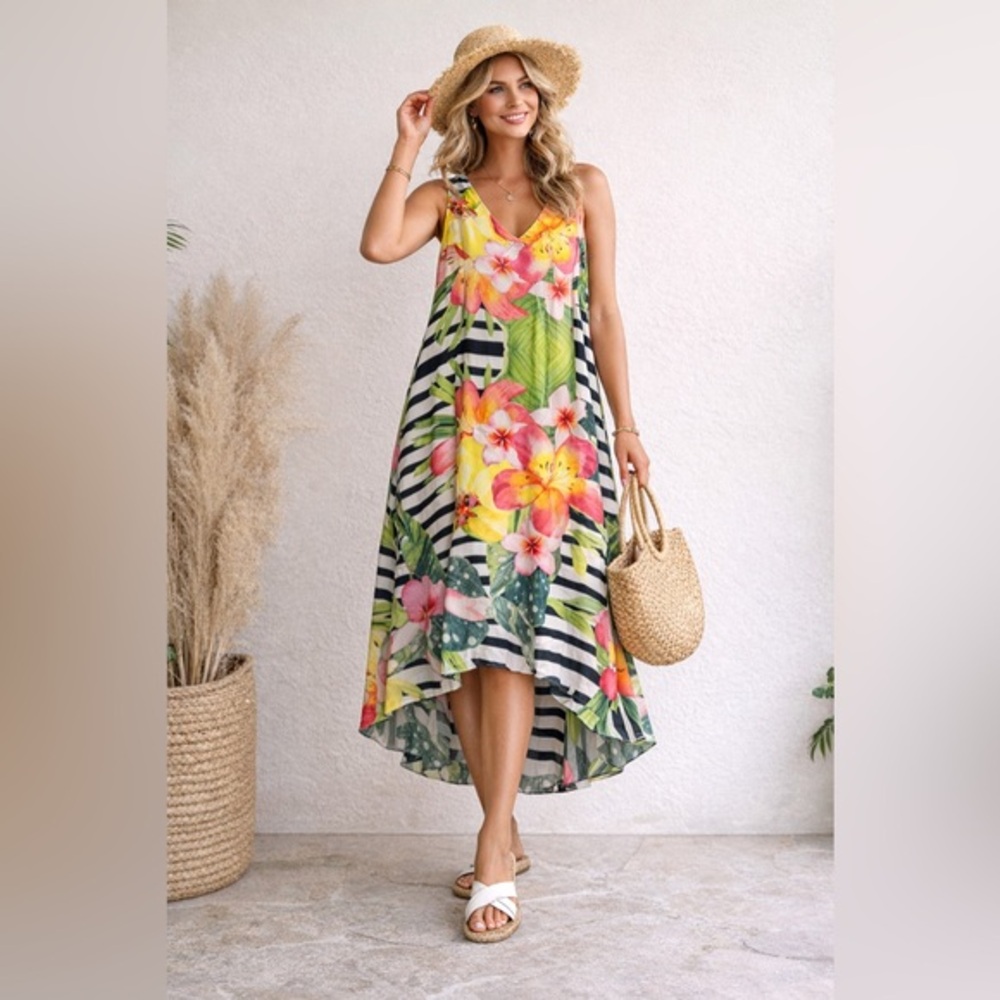 Cartise 16 Tropical Floral Midi Dress Bright Hibiscus Print Sleeveless Summer